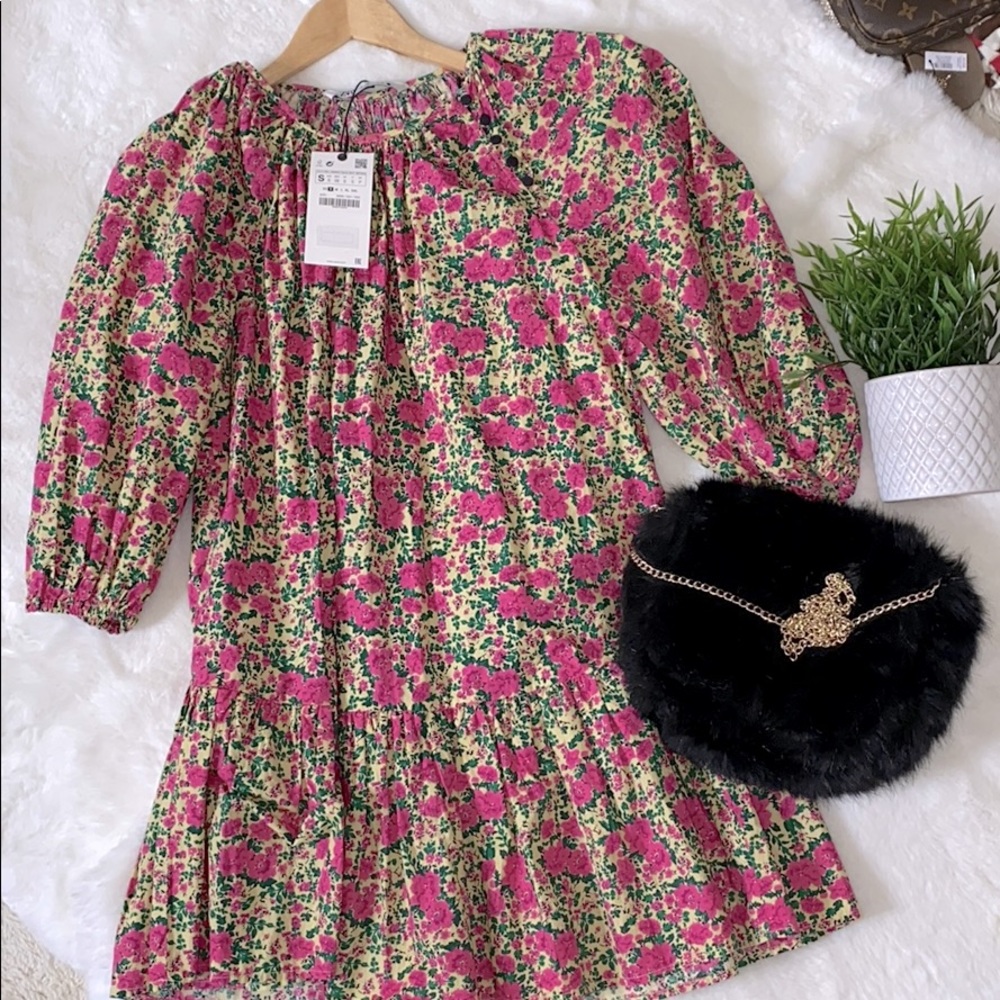 ZARA PUFF SHOULDER PRINT DRESS